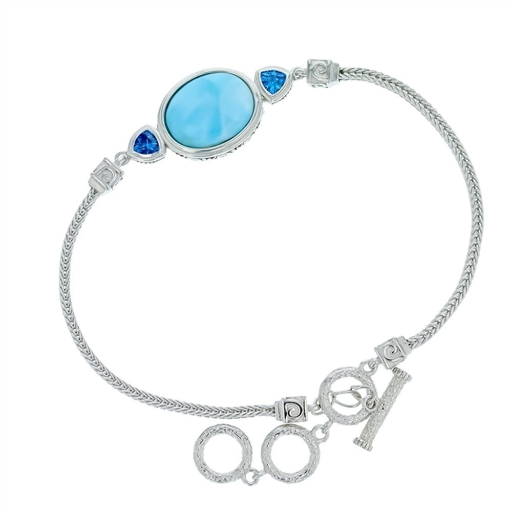 925 Sterling Silver Larimar Oval w Trillion Dark Aqua CZ Toggle Bracelet 8.75"